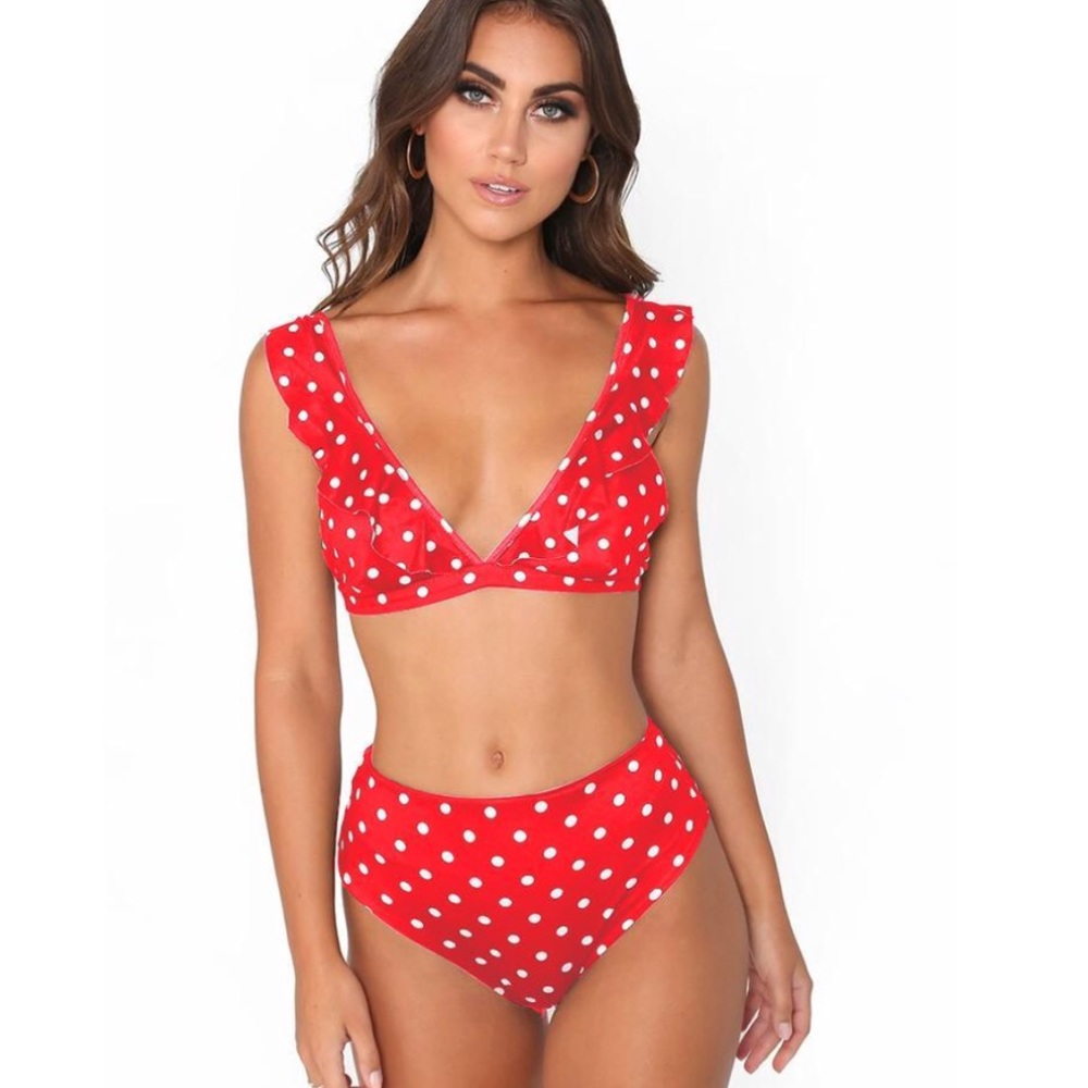 Retro Vintage High Waist Red Polka Dot Bikini - Picture 2 of 3